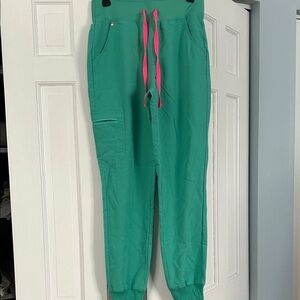 Figs Teal Jogger Scrub Pants with Hot Pink Drawstring